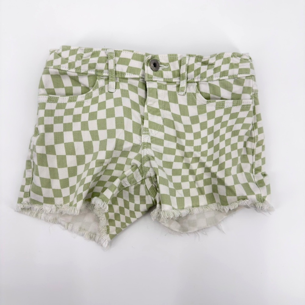Abercrombie Kids Green Checkered Mid-Rise Midi Shorts Size 11/12 Raw Hem
